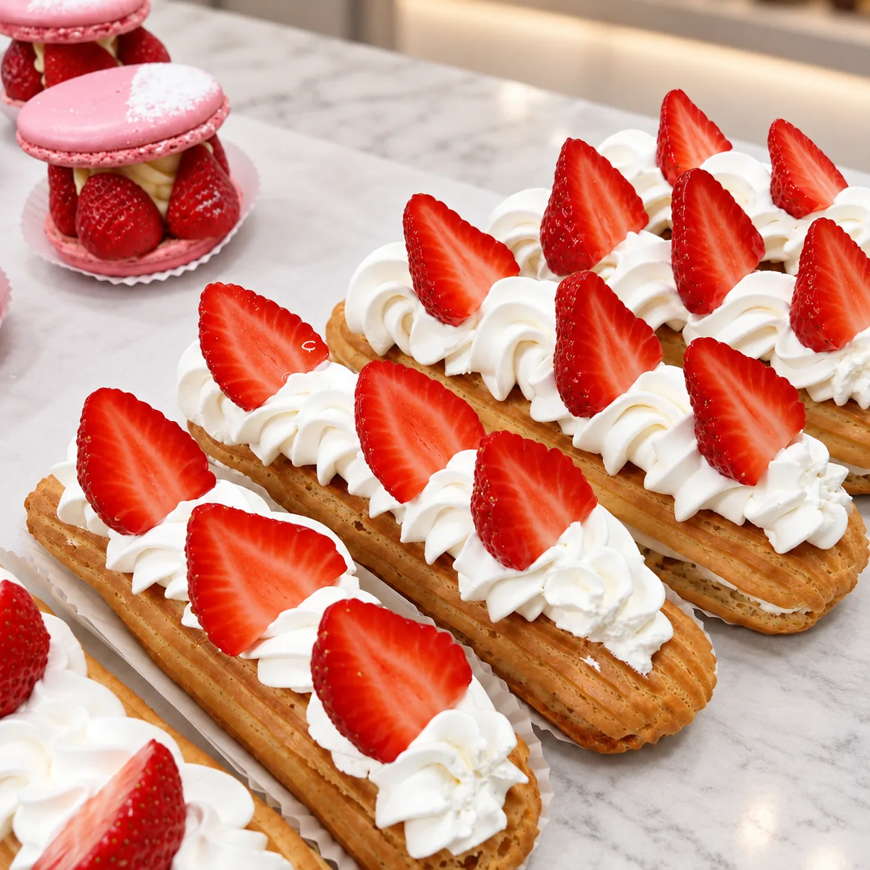 Éclairs à la chantilly et aux fraises, macarons géants en arrière-plan