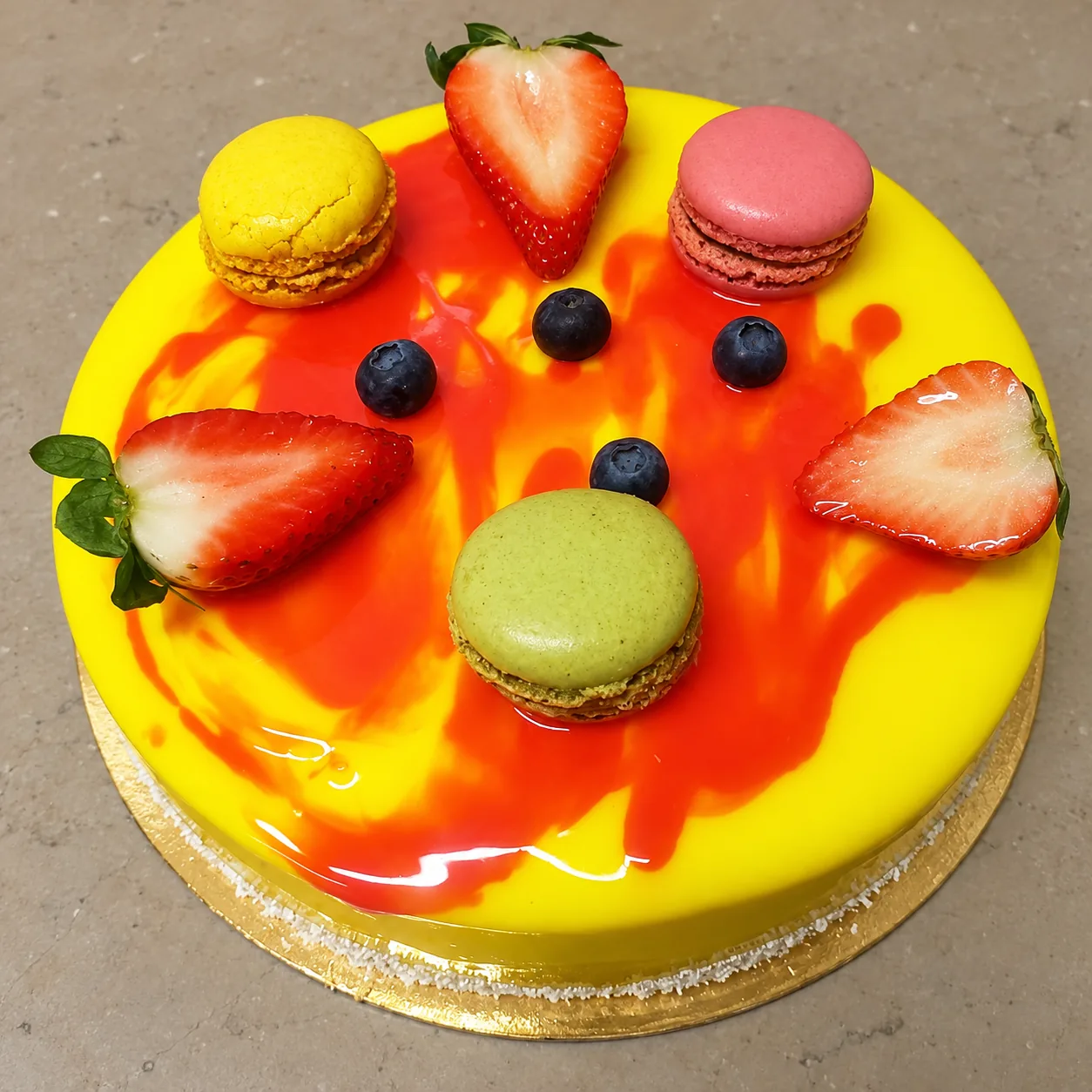 Entremets au glaçage miroir jaune et rouge, décoré de macarons, de fraises et de myrtilles