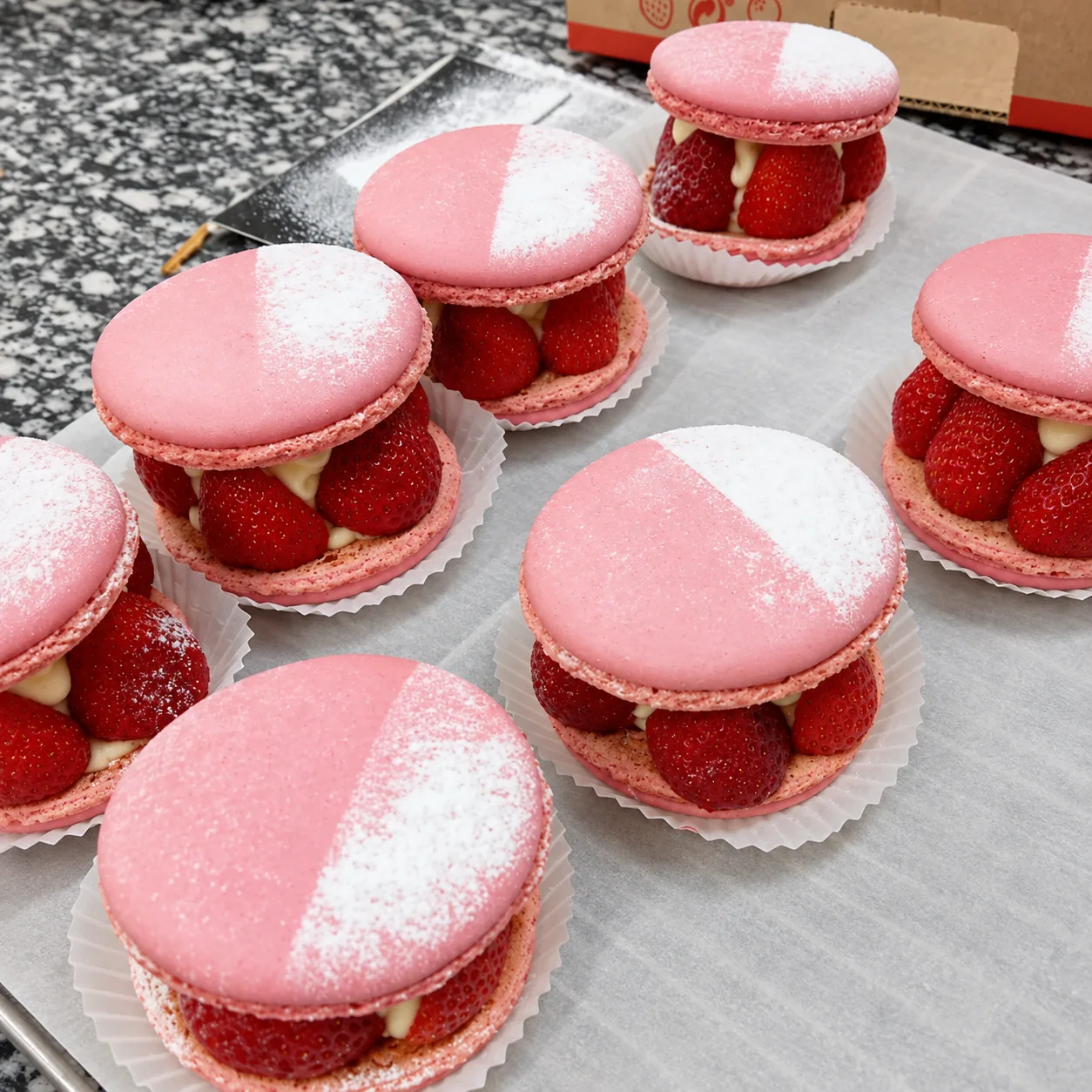 Macarons géants roses garnis de crème et de fraises entières, saupoudrés de sucre glace
